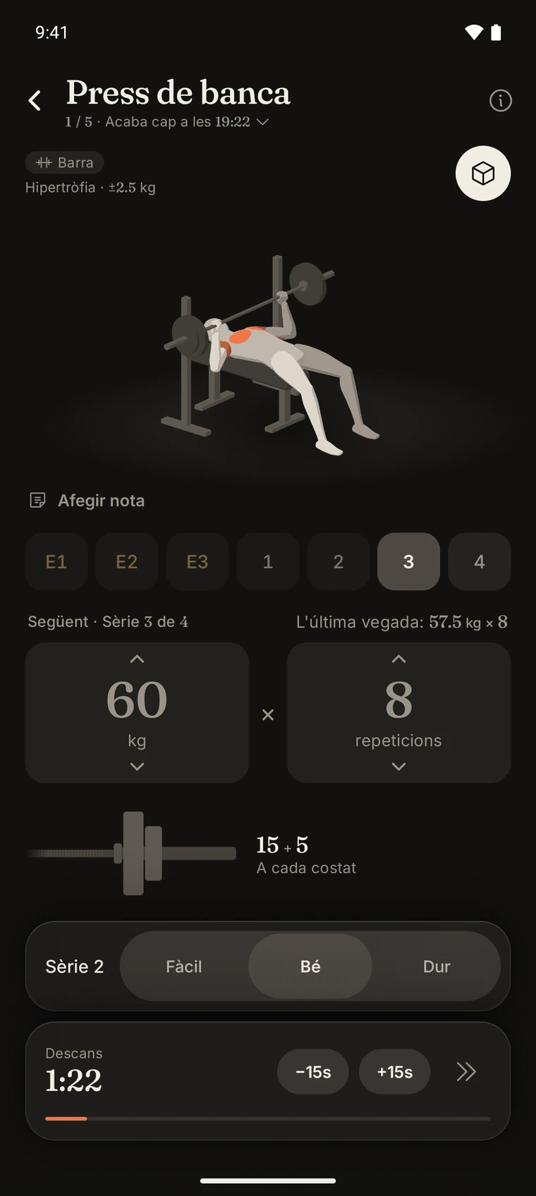 L'Iro durant un press de banca, amb la figura 3D de l'exercici.