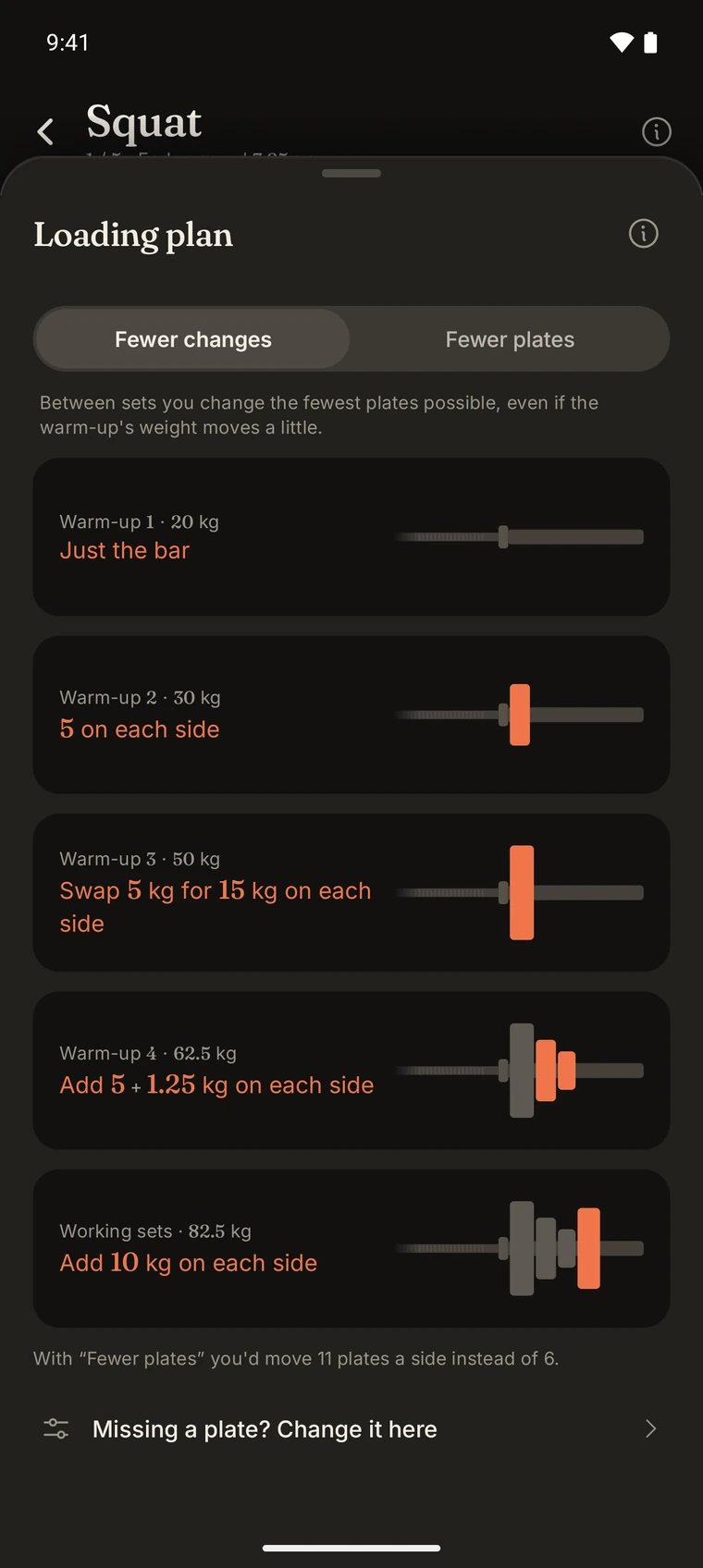 Plates per side and warm-up sets in Iro.