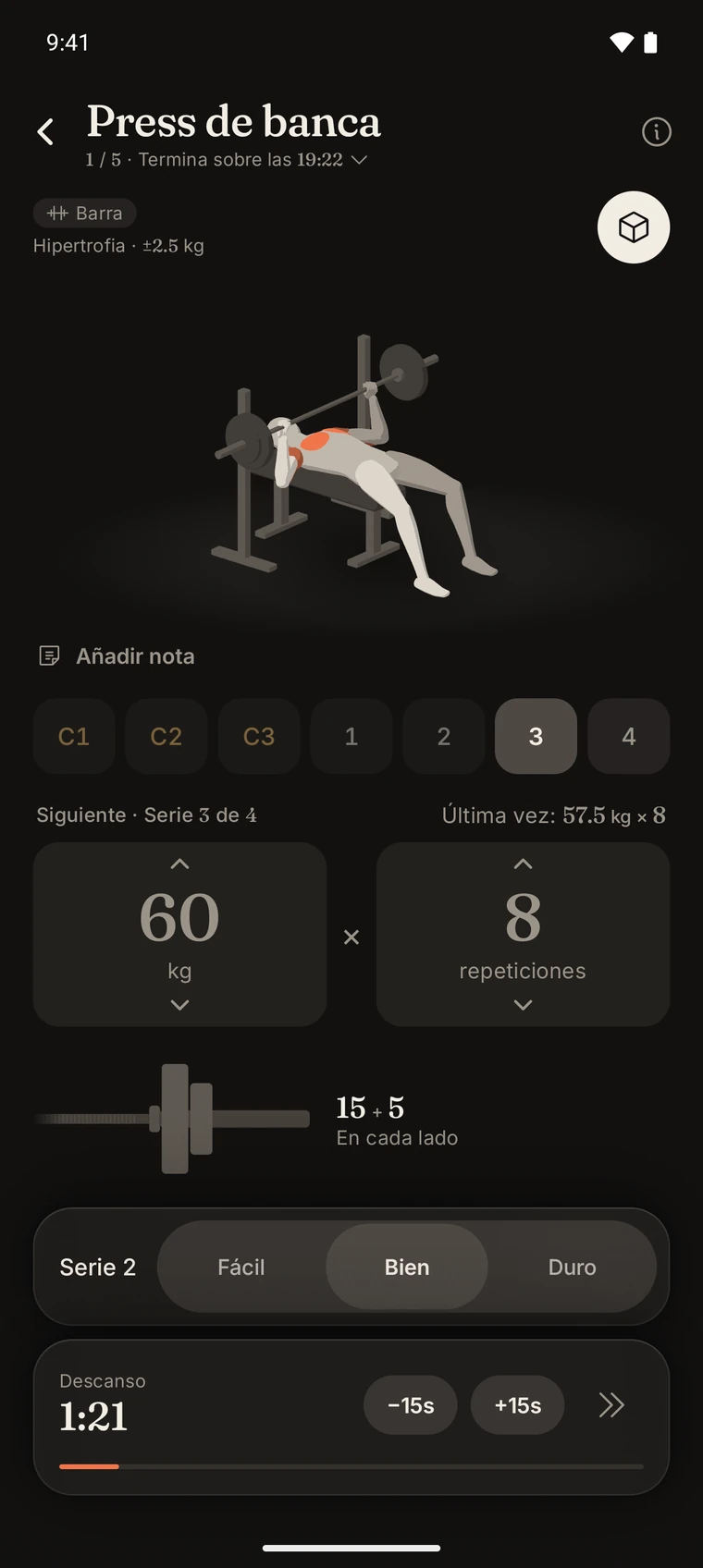 Iro durante un press de banca, con la figura 3D del ejercicio.