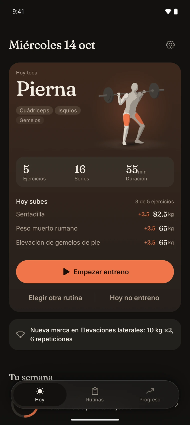 La pantalla Hoy de Iro, con la figura 3D de una sentadilla.